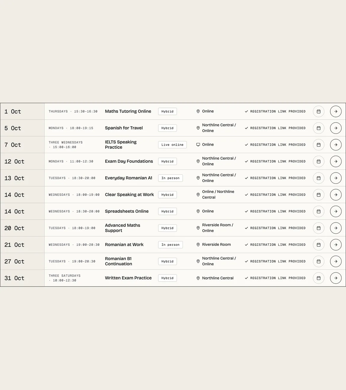 The date-led session ledger with upcoming, closed and past states written in text.