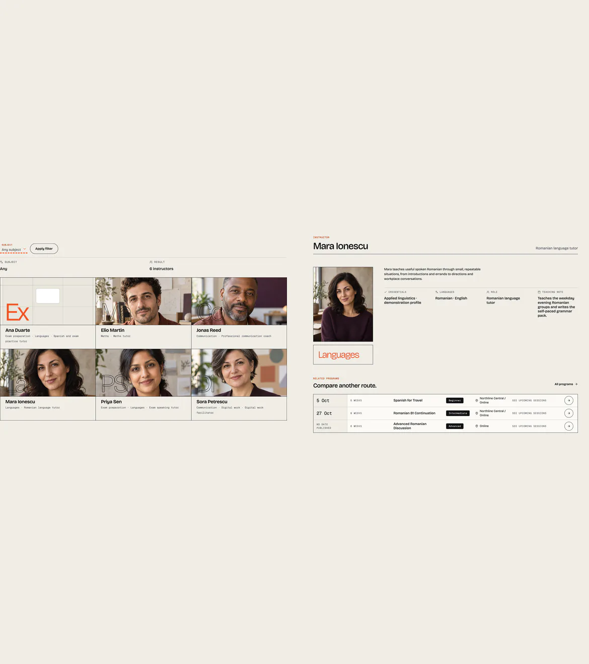 The monogram instructor directory and one profile with biography, credentials and related programs.
