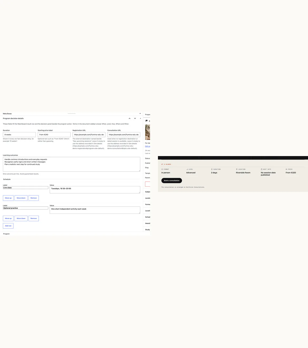 Native WordPress program fields beside the front-end decision regions they fill.