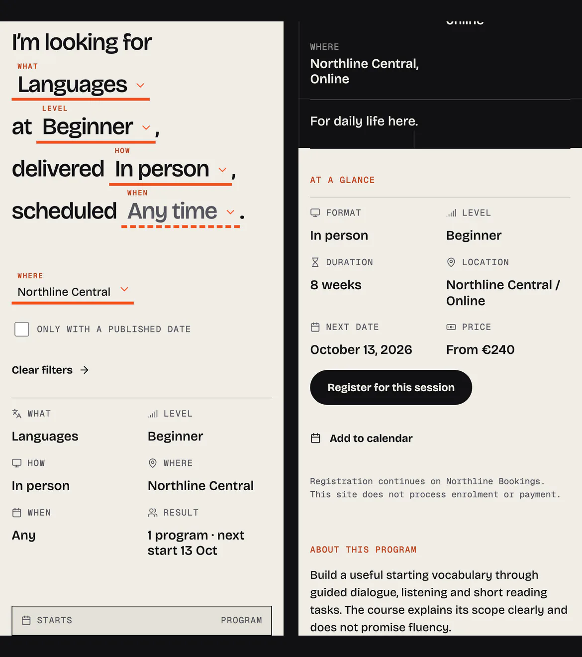 The Matchboard sentence, practical facts and program action stacked at phone width.