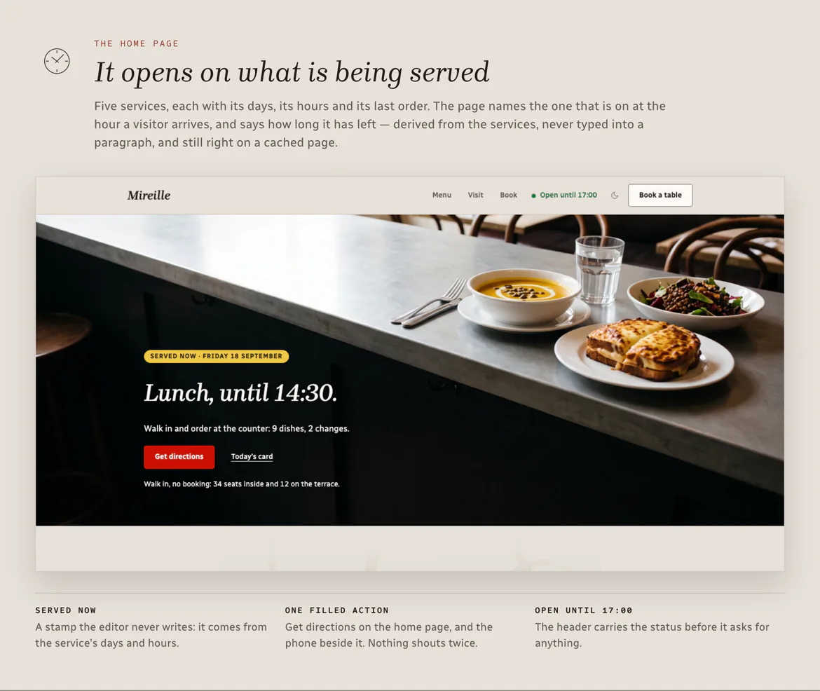 The home page opens on the service that is on right now, with its last order and one filled action.
