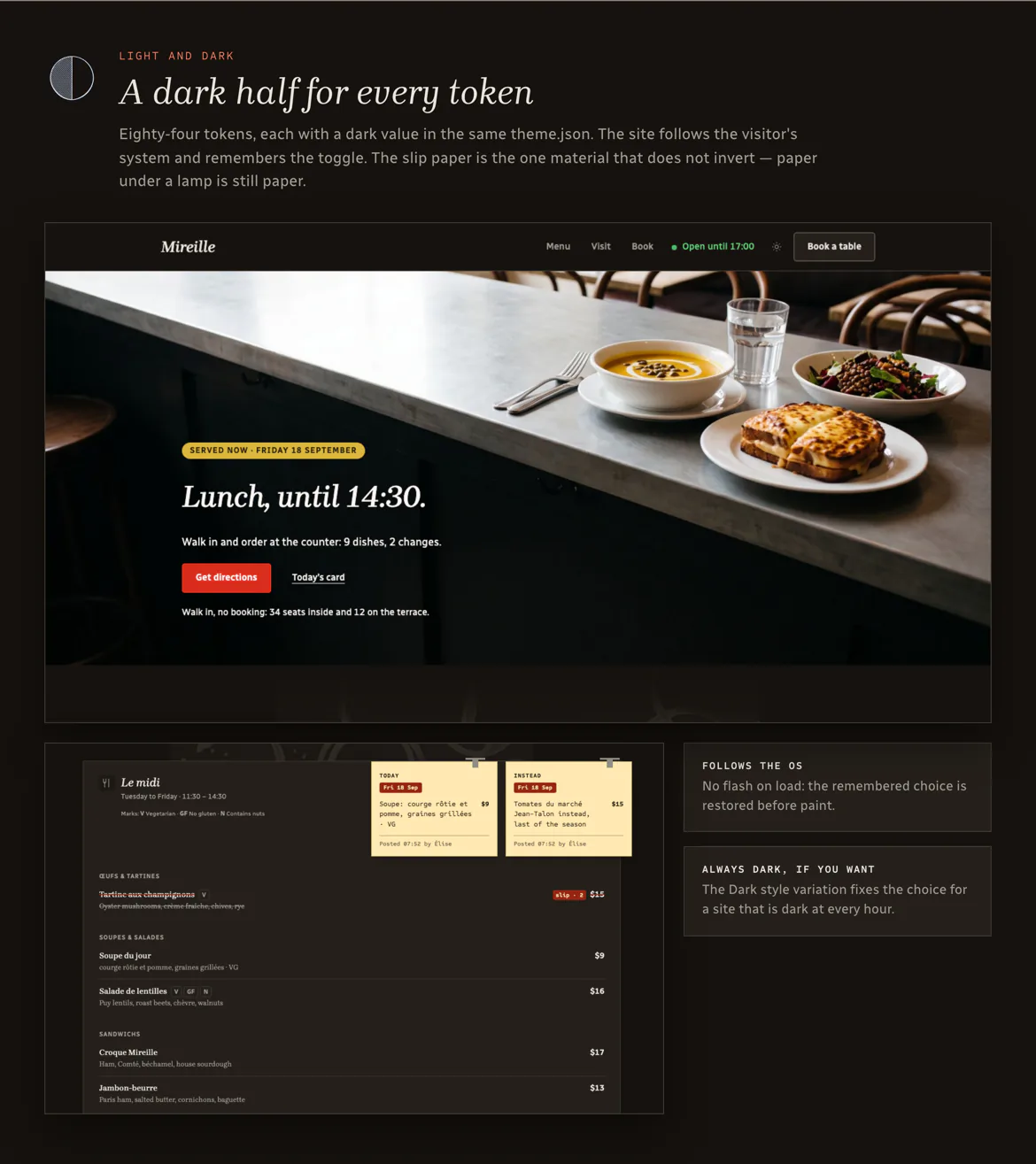 Every token has a dark half in the same theme.json: the site follows the visitor's system and remembers the toggle.
