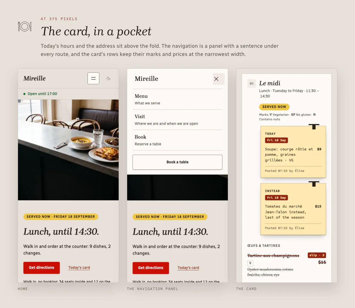 At 375 pixels: today's hours above the fold, the navigation panel, and the card with its marks and prices.