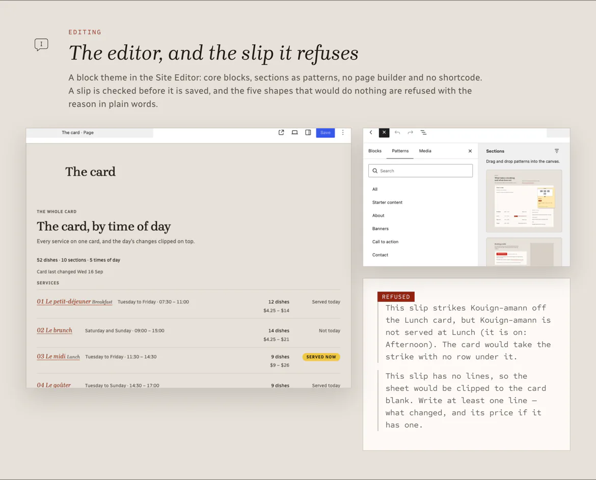 Edited in the Site Editor with core blocks and patterns — and the message the editor gets when a slip could not work.